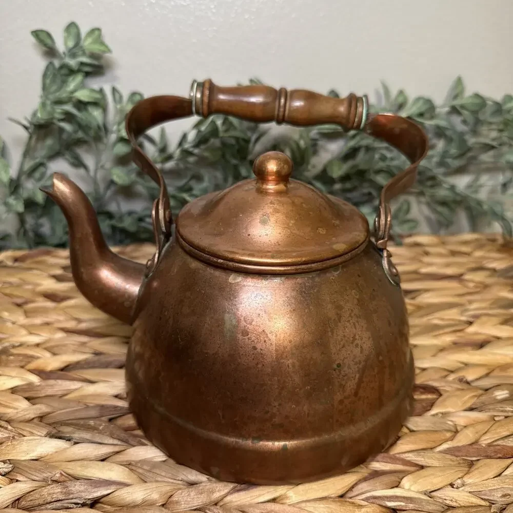 B&M Portugal Copper Tea Kettle Wood Handle Lidded Tin Lined 7” Farmhouse Vtg